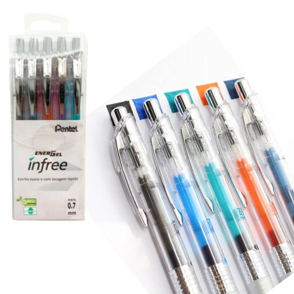 Kit Caneta Gel Energel Infree Ponta 0.7mm Pentel - 5 Cores