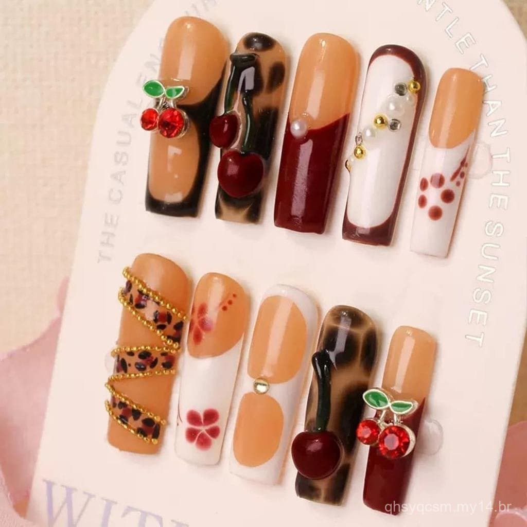 Unhas Postiças 100% 5D Feitas à Mão com Apliques, Unhas Longas em Formato de Amêndoa, Unhas Postiças com Strass, Pérolas