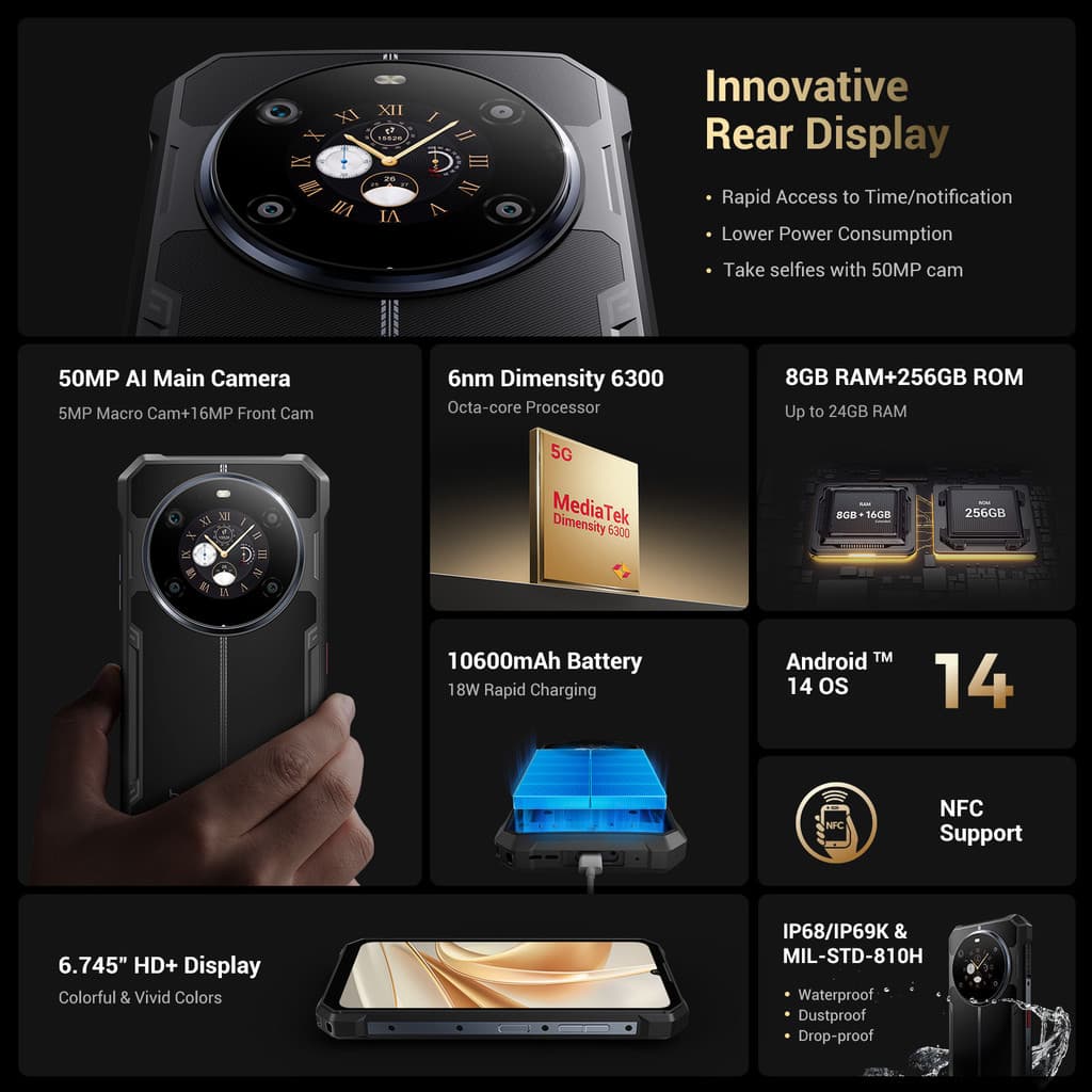 Fossibot F109 Smartphone Robusto Preto 5G 6.745 Polegadas Android 14 8GB + 256GB 10600mAh 64MP NFC