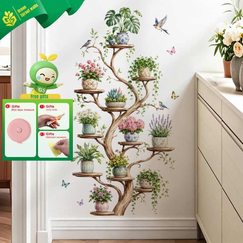 Adesivos de parede em forma de árvore em aquarela, adesivos de borboleta em vaso, entrada removível, adesivos decorativo