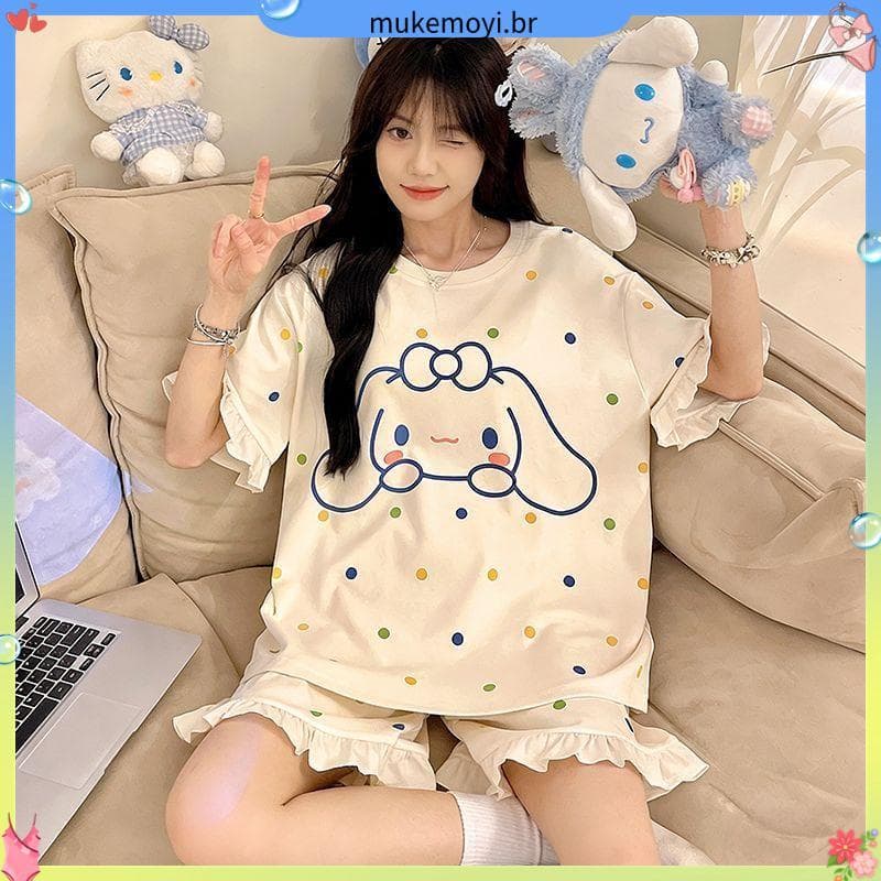 Meninas pijamas verão de manga curta dos desenhos animados bonito kt gato senhoras Plus Size 100kg doce estilo fino Home