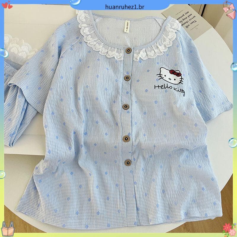 Vem com almofada no peito nuvem pijamas de algodão feminino verão Shorts de manga curta conjunto bonito gatinho renda Ho