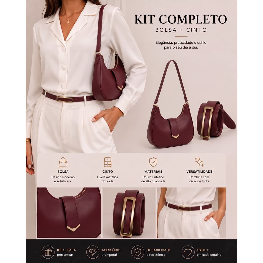 Bolsa feminina meia lua fecho em ziper mais cinto feminino com detalhes em dourado