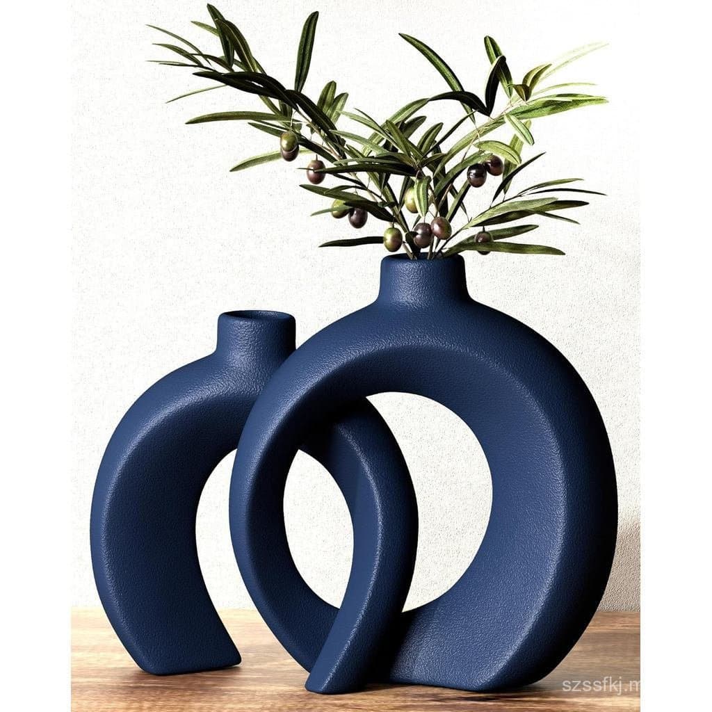 Conjunto de 2 Vasos Azuis - Vasos Donut Navy para Decoração de Casa, Decoração Costeira Moderna - Vaso Decorativo, Decor