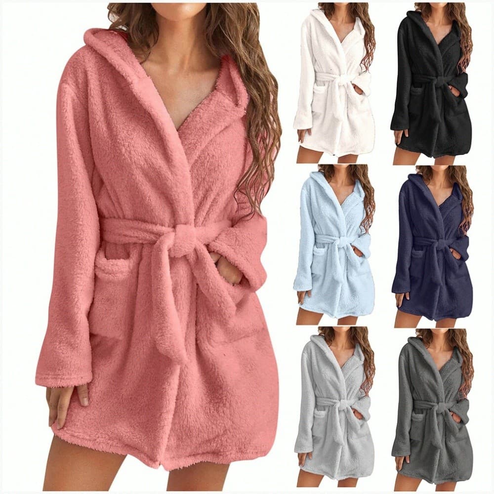 【Ideal Para o Inverno】Pijama Feminino Com Capuz De Pelucia Inverno Quente Roupão/Mulheres/Banho