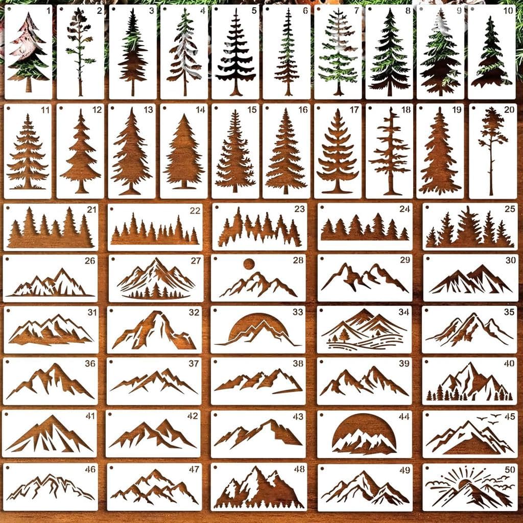 50 Peças de Estênceis de Montanha, Estênceis de Pintura de Pinheiro, Estênceis de Montanhas e Pinheiros, Moldes de Plást