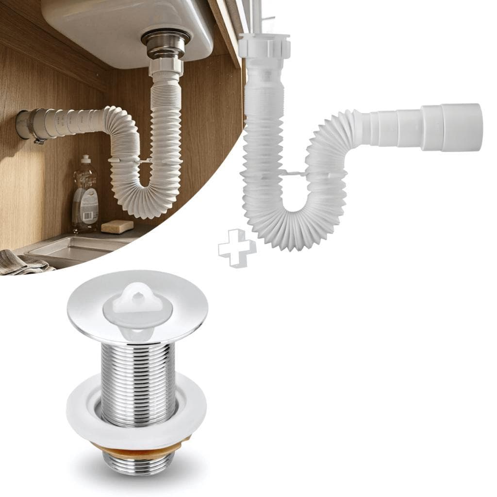 Kit Sifão Inteligente 70cm Branco + Válvula Lavatório 100% Metal Cromado Alta Resistência