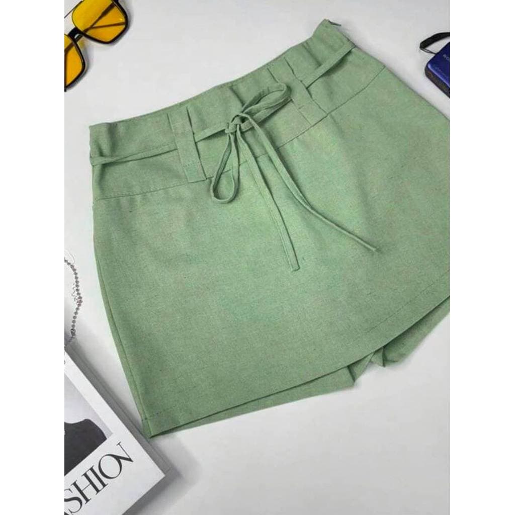 Short Saia Feminino de Linho Cintura Alta com Faixa