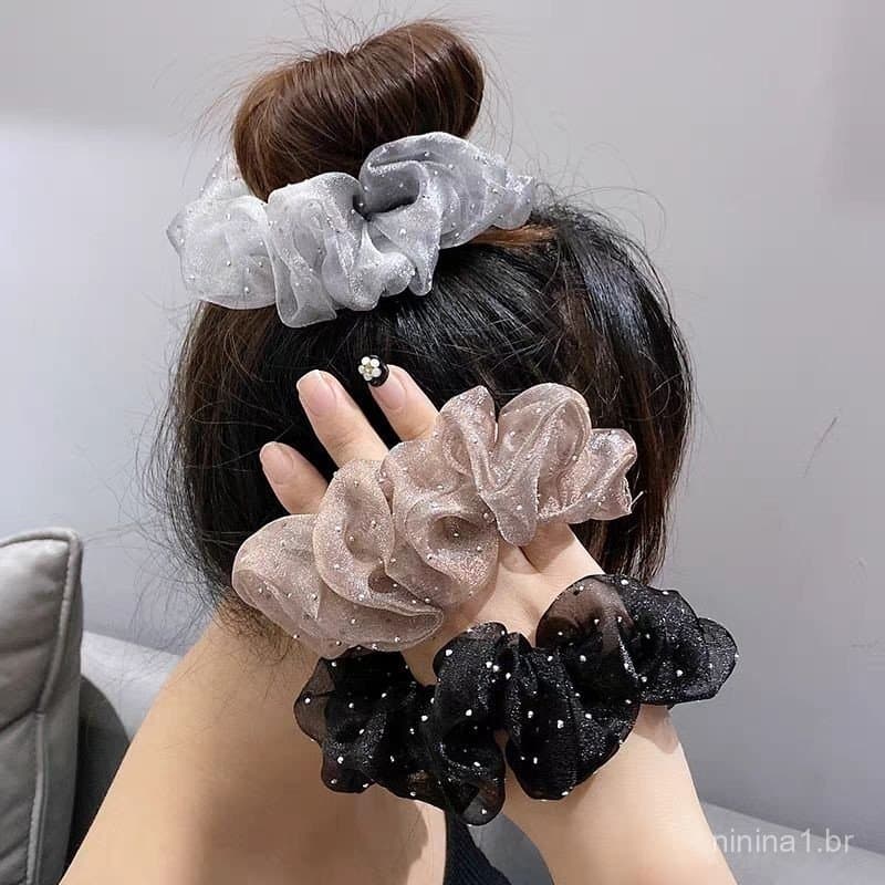 Kit Elásticos de Cabelo Organza com Brilho, Acessório Feminino Versátil para Coque