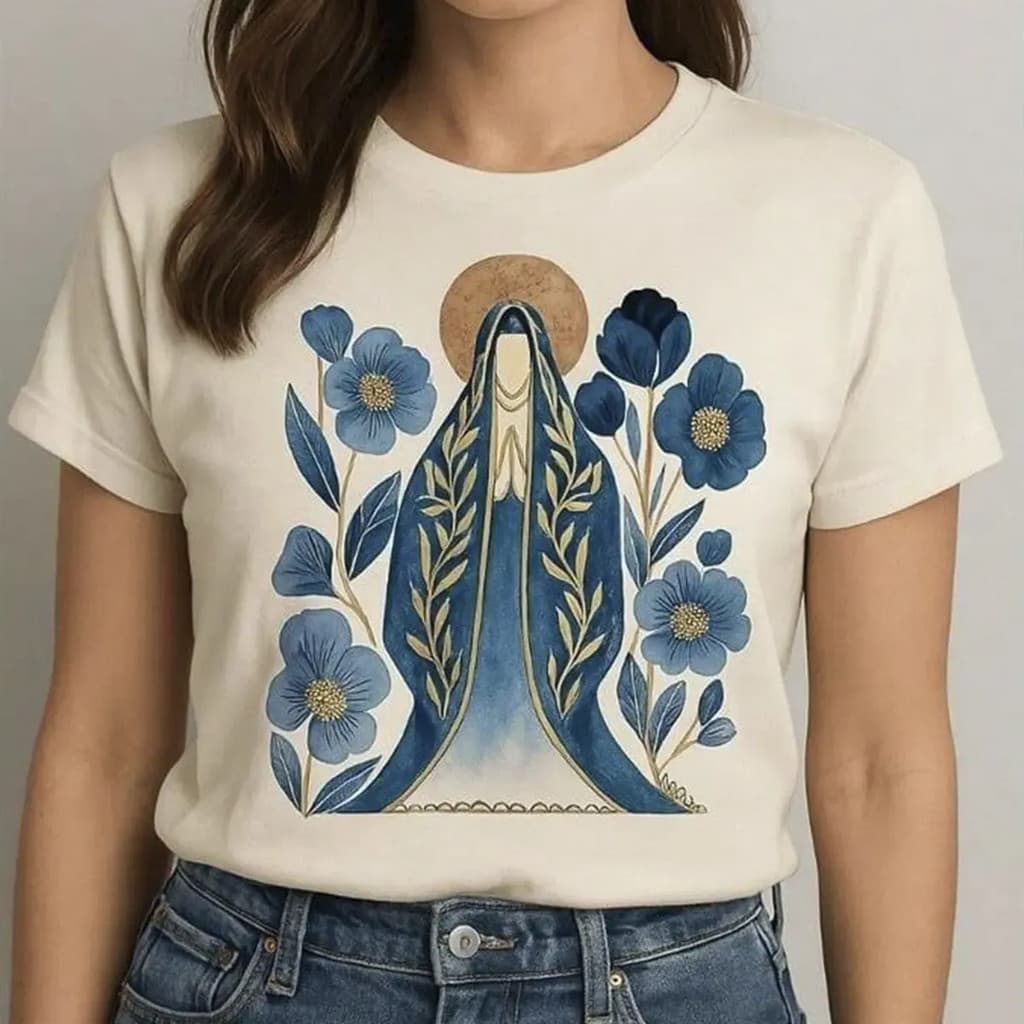Camiseta Feminina Religiosa Cristã Virgem Maria 100% Algodão