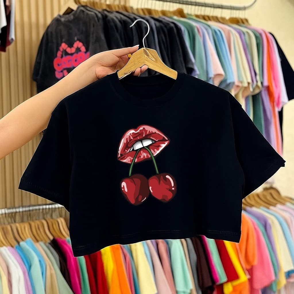 Blusa Cropped de Algodão Premium Estampado CEREJA Delicado + ENVIO IMEDIATO
