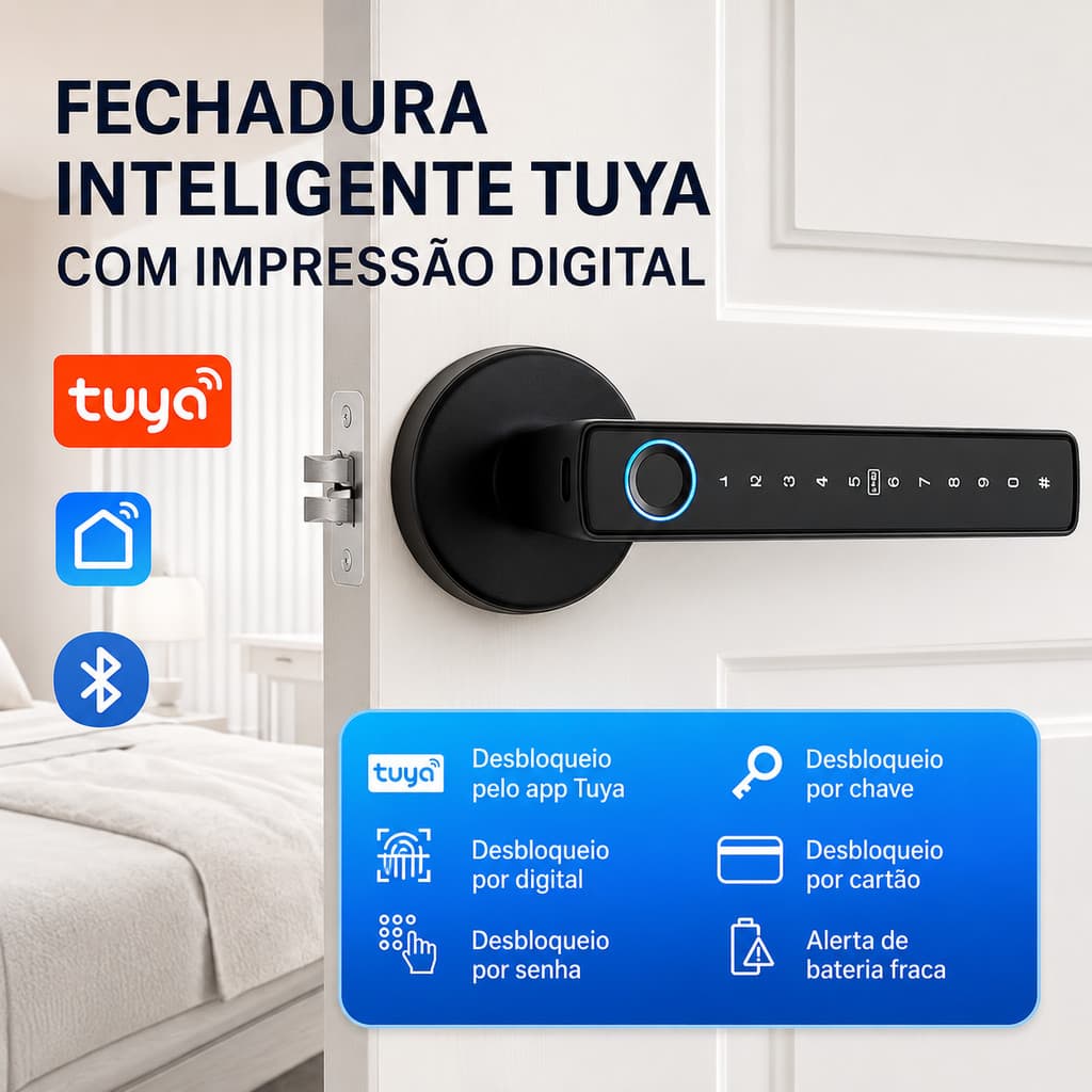 Fechadura Digital Biométrica com App Tuya Bluetooth Senha Cartão IC e Chave Preta