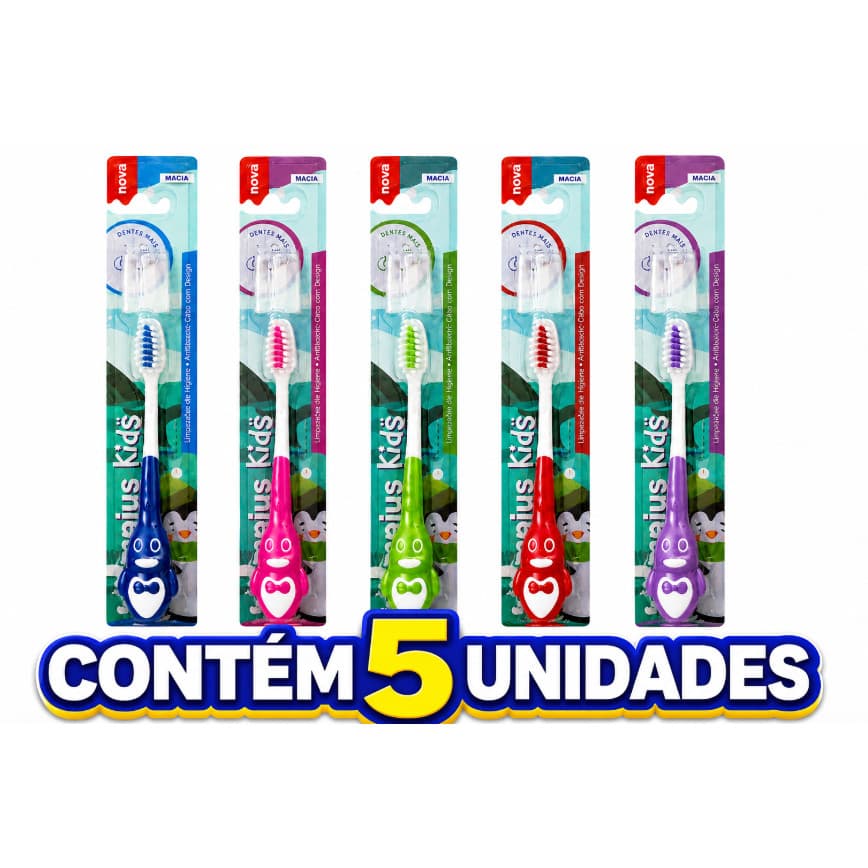 Escovas Dente Infantil Limpius Kids 5un Cerdas Macias c/ Cap
