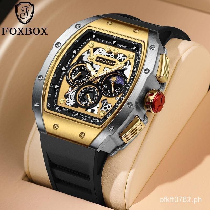 Relógio Masculino Original FOXBOX Multifuncional com Design de Três Mostradores e Seis Ponteiros, Mostrador em Liga, Pul