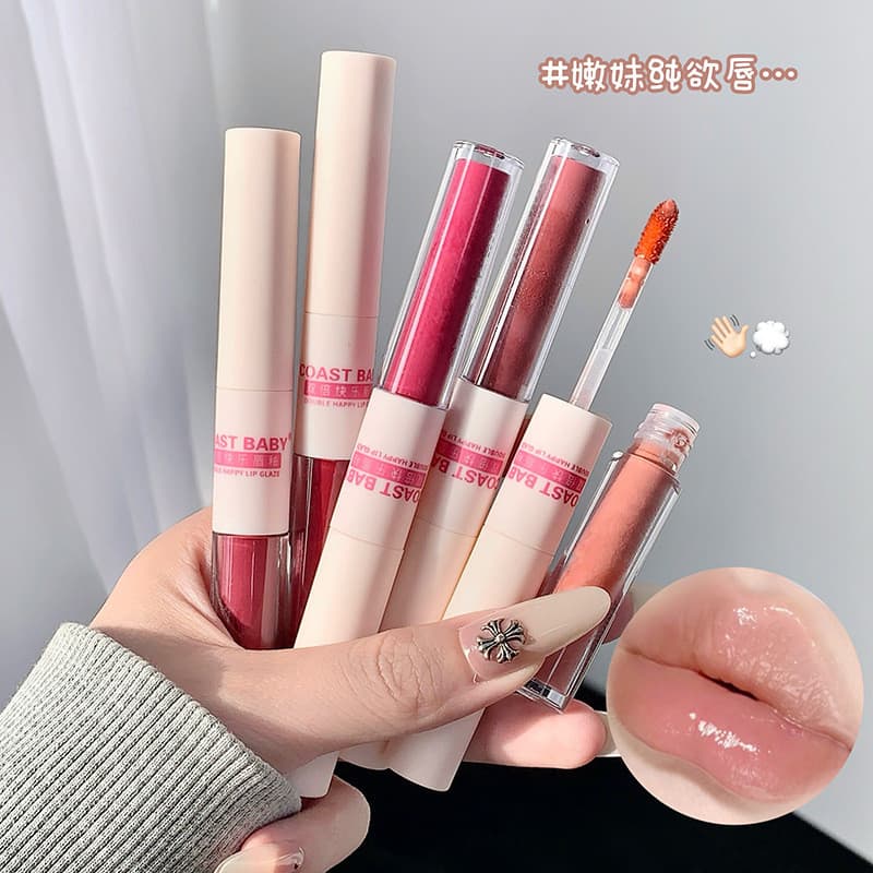 COAST BABY Double Happiness Lip Glaze, Batom Nude Brilhante 2 em 1 com Dupla Ponta, À Prova d'Água e de Longa Duração.