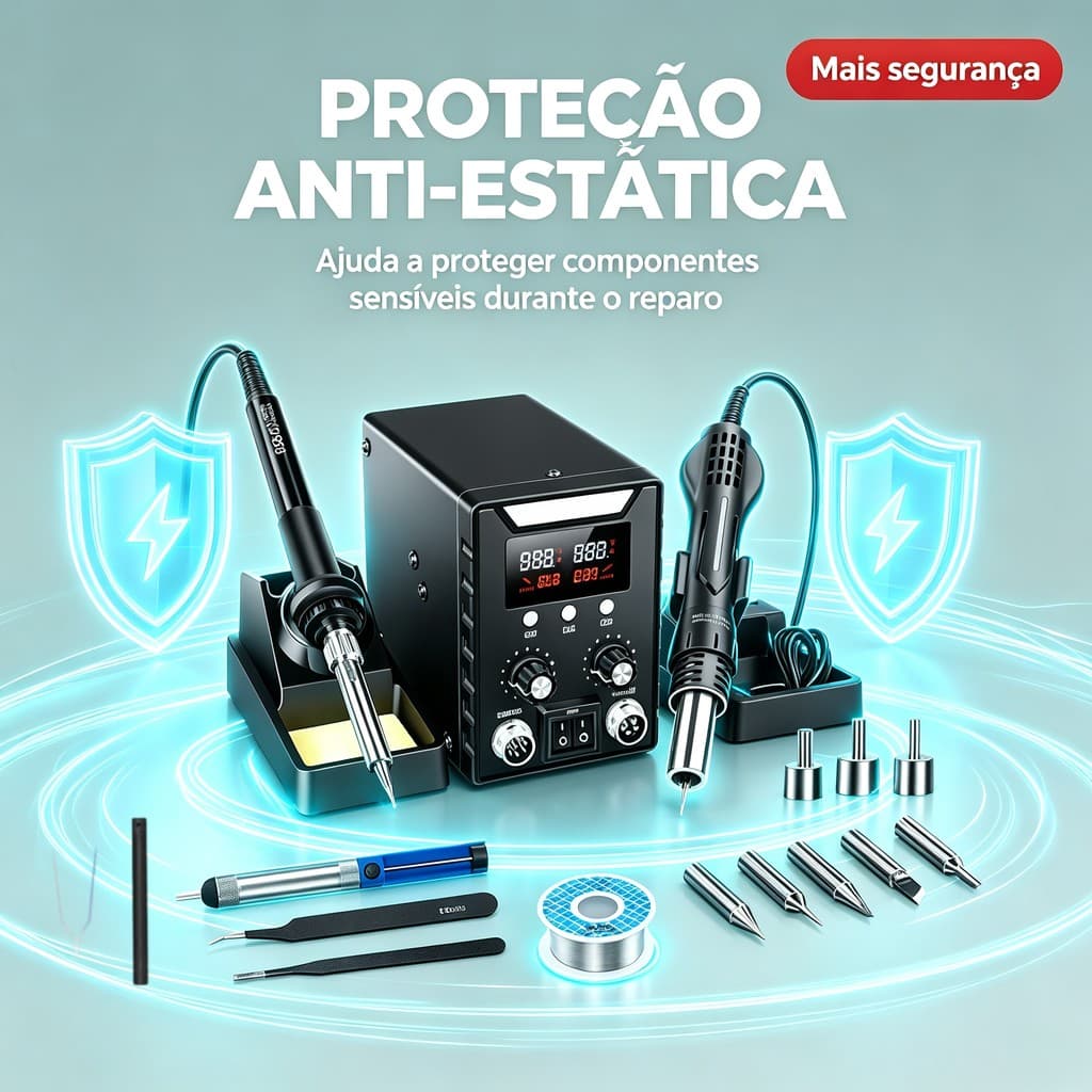 Estação de Soldagem 2 em 1 Modelo 8586D Display Duplo Digital Bivolt Modo Sono Anti-Estática Kit Acessórios Reparo PCB