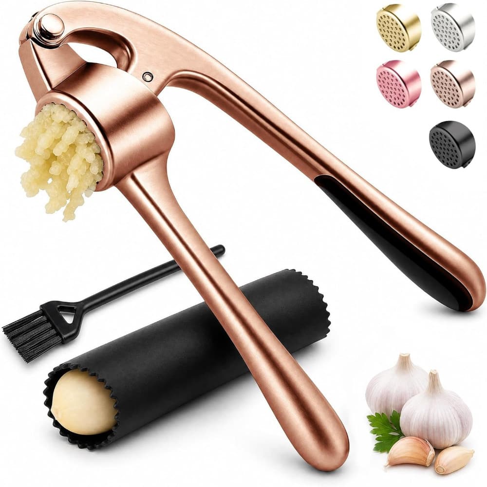 Conjunto De Prensa De Alho Em Ouro Rosa Com Descascador E Escova-Ferramenta Profissional Para Picador , Aparelho Essenci