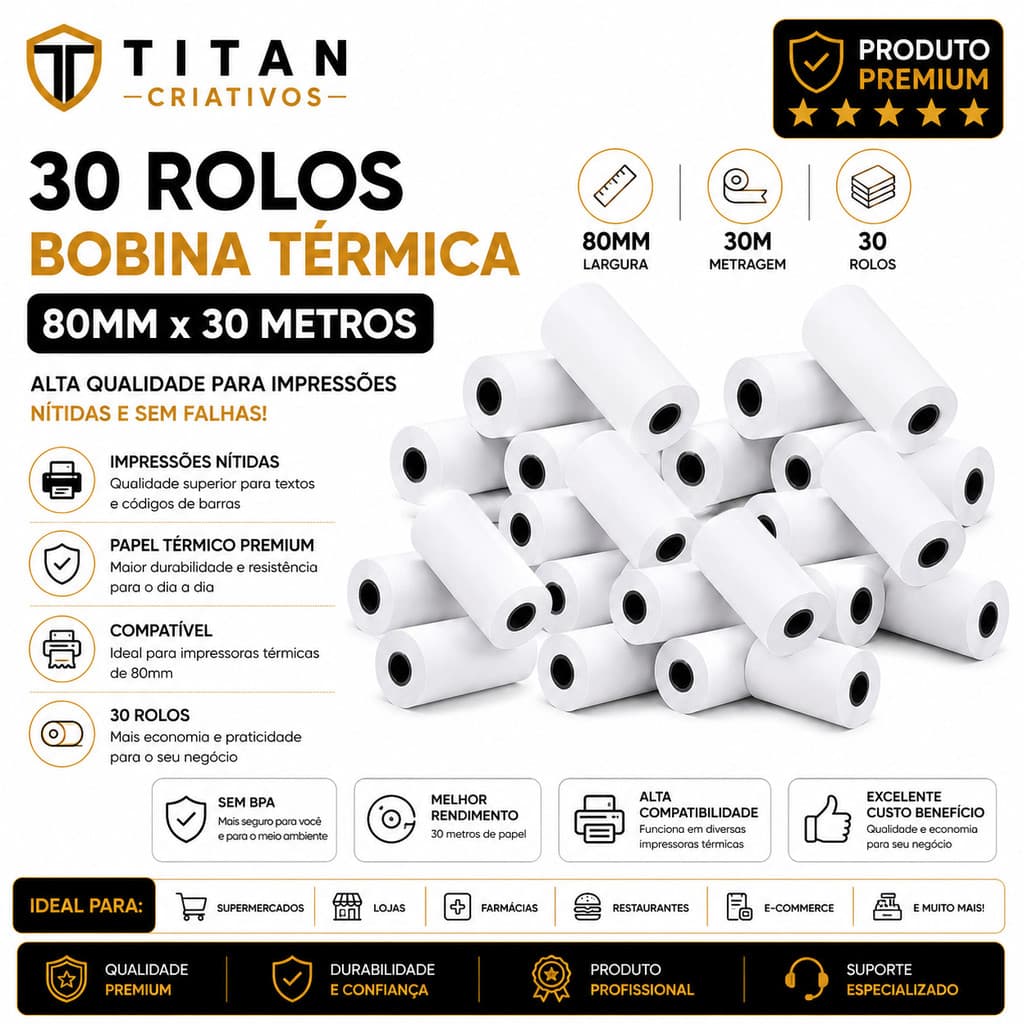 Kit 30 Bobinas Térmica 80mm Para Mini Impressora Térmica