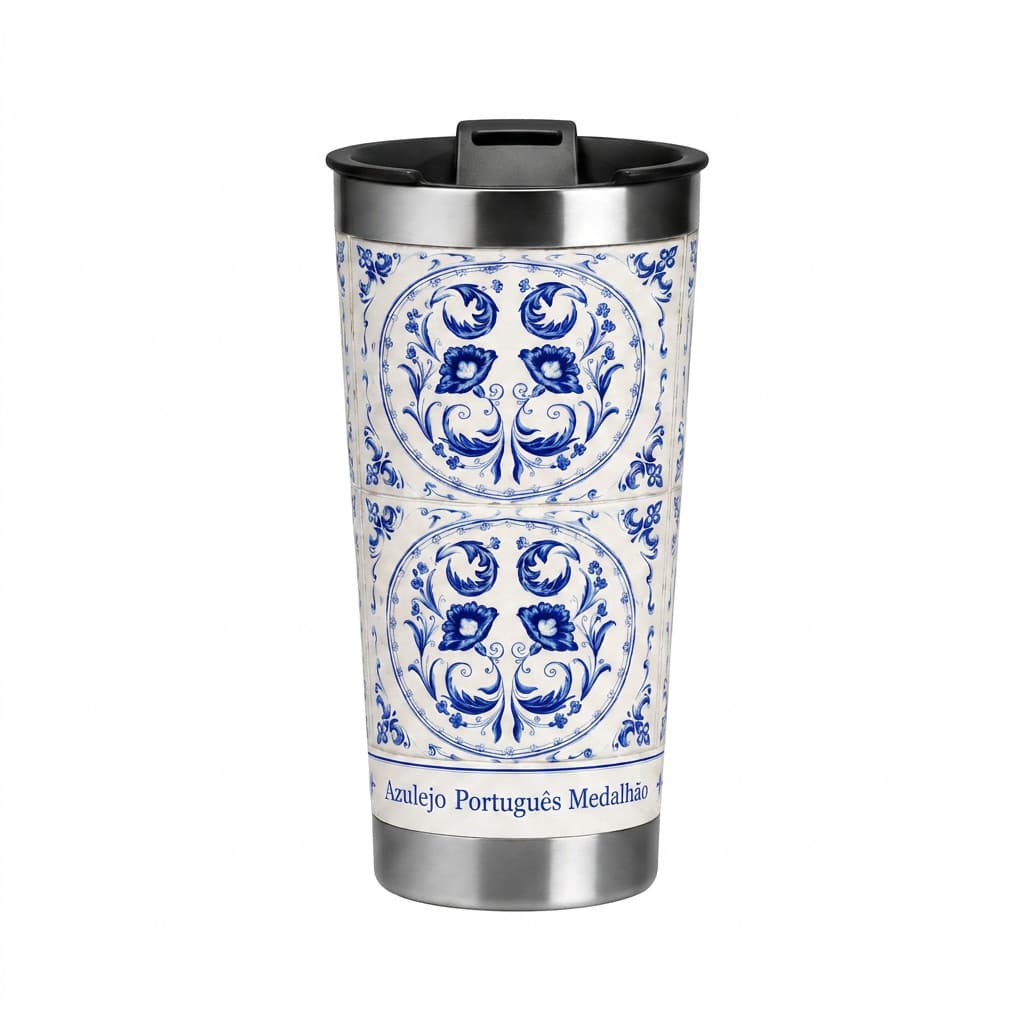 Copo Térmico Azulejo Clássico 473ml Inox com Tampa-Medalhão