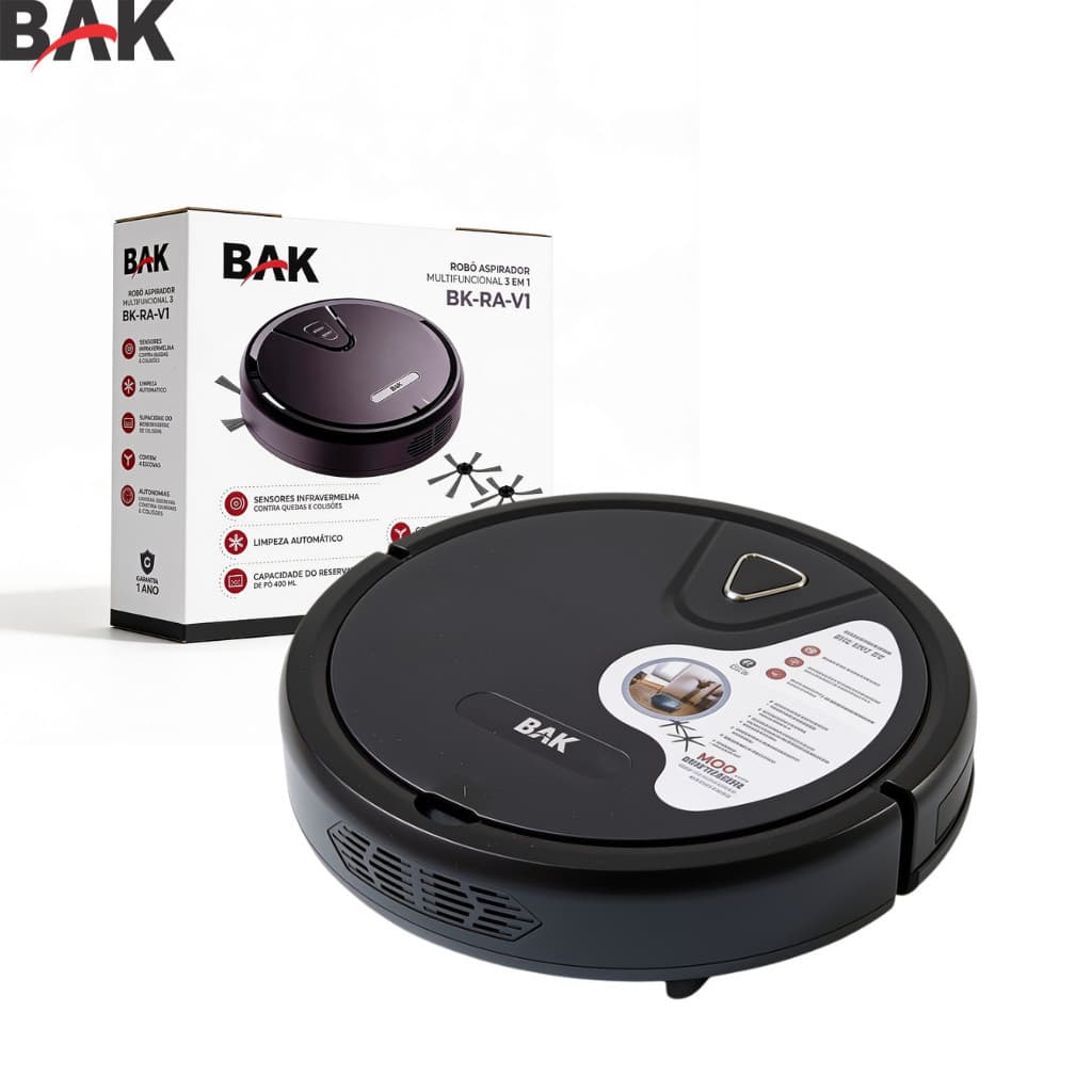 Robô Aspirador de Pó BAK Limpeza Automática Passa Pano Aspira Bivolt 3 Em 1 Bivolt