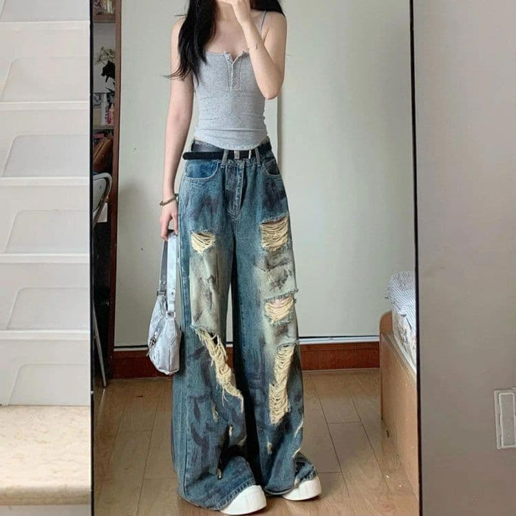 Calça Jeans rasgada retrô americana feminina Design de verão calça comprida reta de perna larga