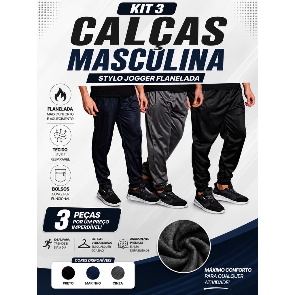 Kit 3 Calças Masculinas Jogger Esportivas Linha Premium Com Faixas Refletivas