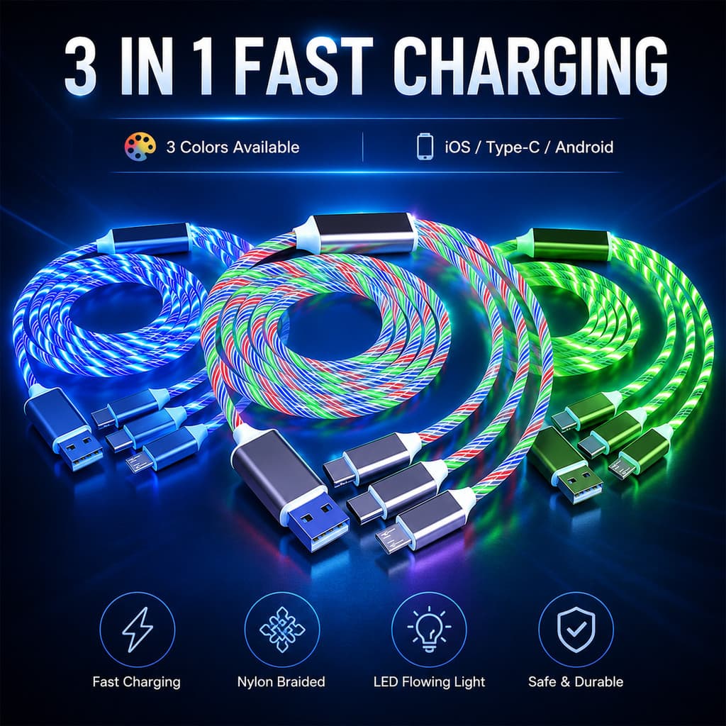 Cabo de dados trançado Flowing Light carregamento rápido 3 em 1 de 6A compatível com sistemas Android Type-C USB e iOS