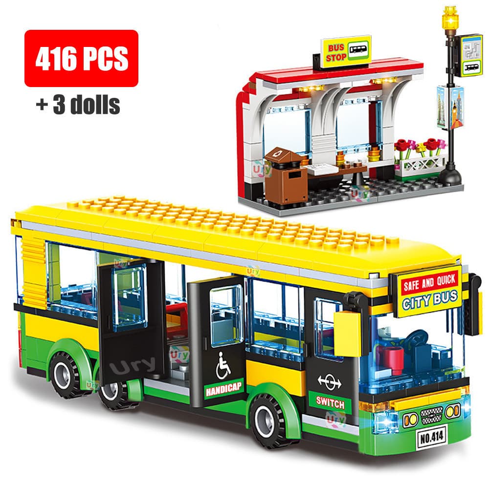 Blocos de Montar Modelo de Ônibus Escolar de Passageiros Amarelo Urbano de Andar Único Br 123
