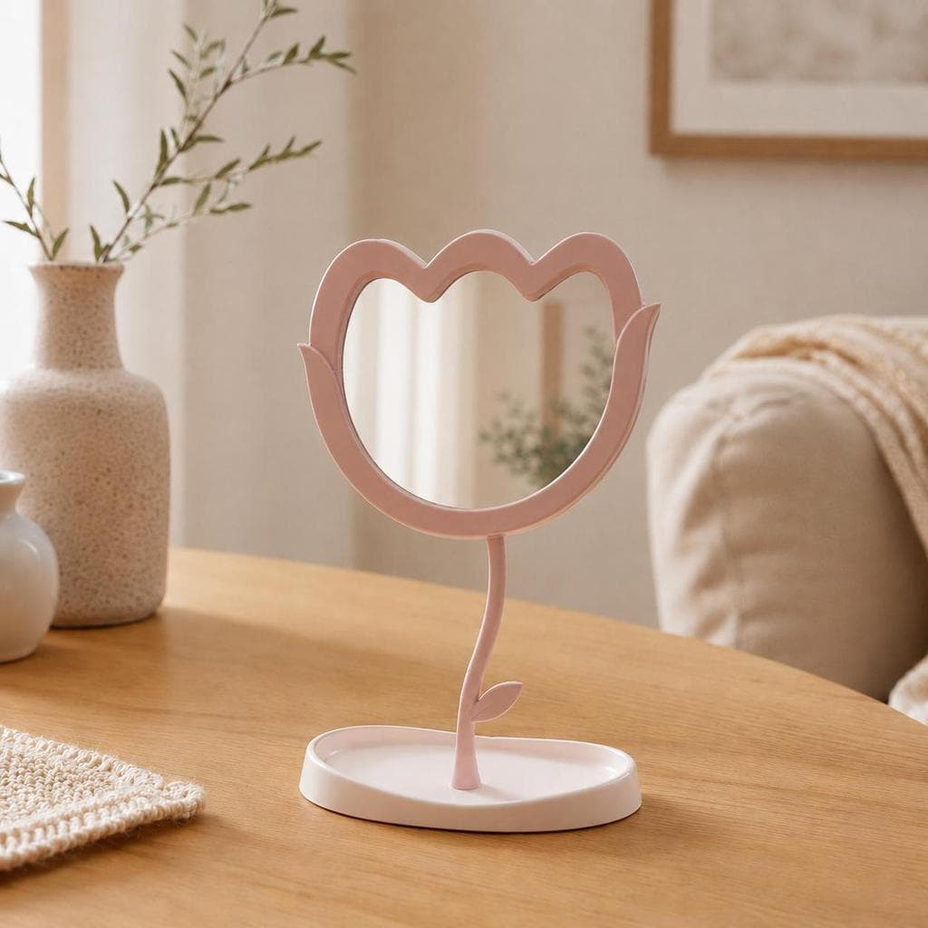 Espelho de Mesa Decorativo em Formato de Flor com Base para Penteadeira e Quarto
