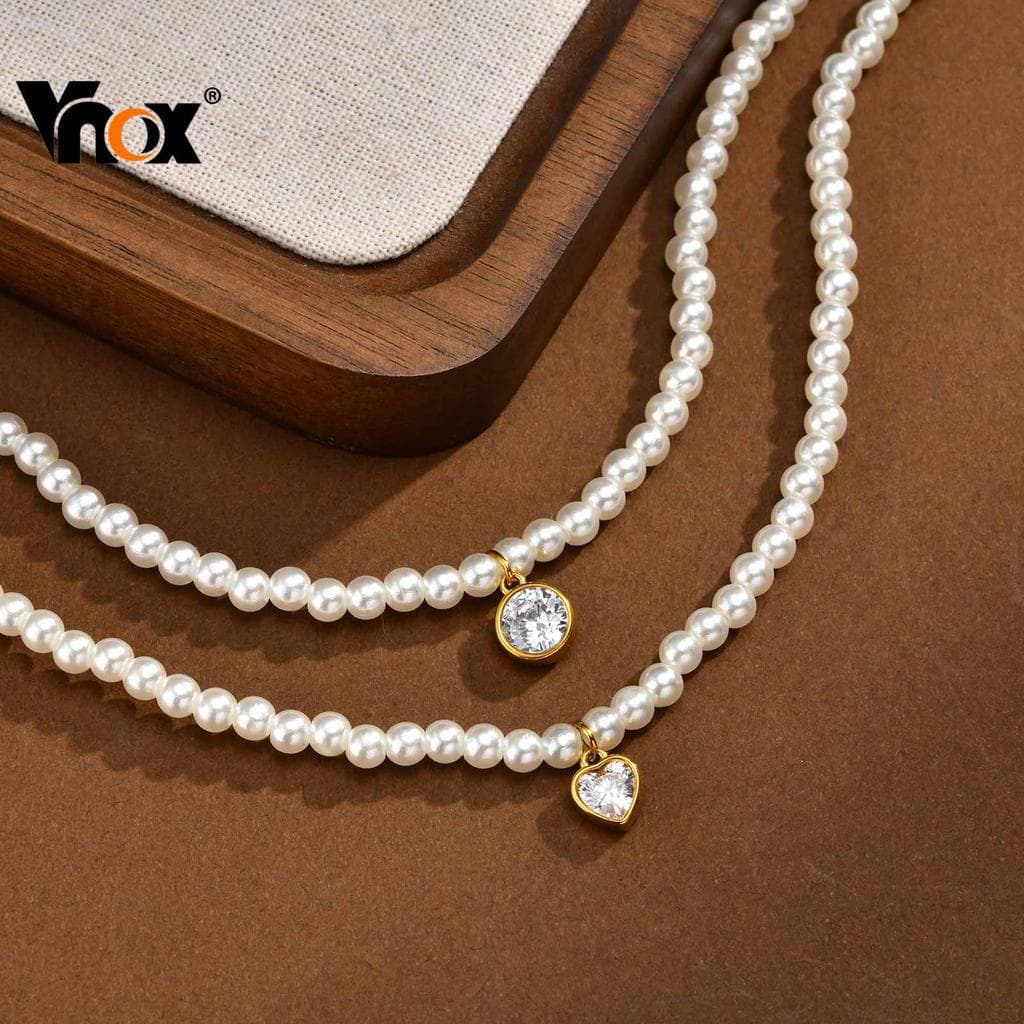 Colar com Pingente de Pérola Redonda e Zircônia em Forma de Coração Vnox, Adequado para Mulheres e Meninas, Colar j 15AO