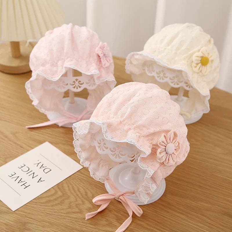 Gorro Para Bebê Recém-Nascido Com Flor De Renda , Chapéu De Princesa Meninas Babados , Boné De Verão , Malha Respirável