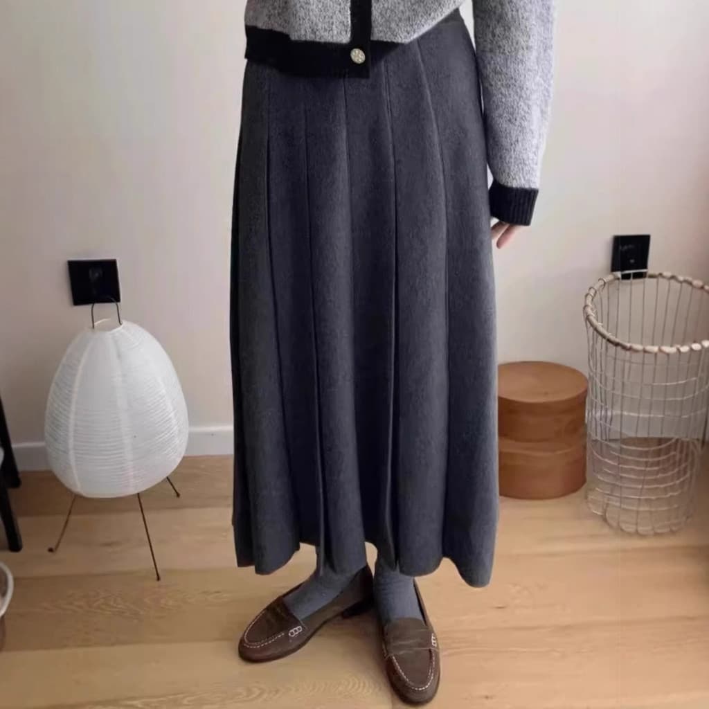 Saia de lã cinza feminina espessada alta linha a saia plissada saia guarda-chuva de malha saia longa