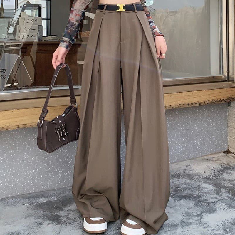 Design plissado calças de perna larga feminina primavera novo estilo de cintura alta terno reto calças casuais Drape chã