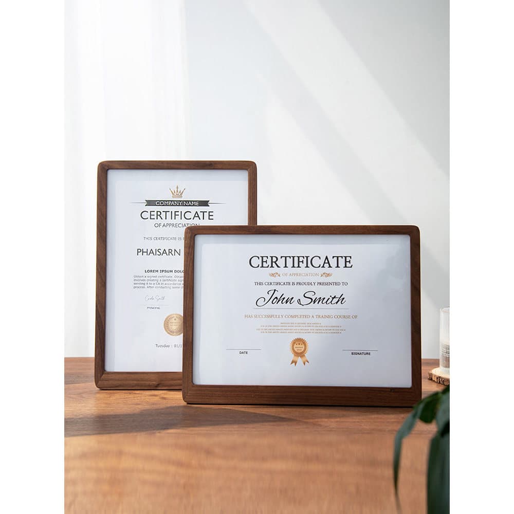Primeira moldura de acrílico transparente dupla face, moldura de exibição de certificado de mesa, certificado de madeira