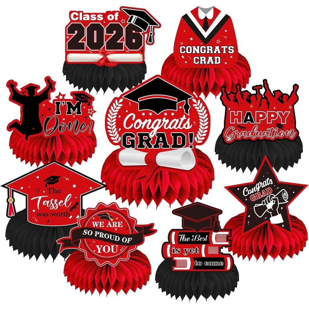 9 Peças de Decorações de Formatura Turma de 2026 Vermelho e Preto - Centros de Mesa em Formato de Favo de Mel "Parabéns,