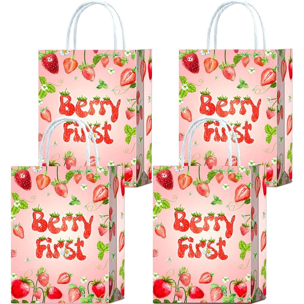 Brattol 16 Sacolas de Lembrancinhas para Festa de Morango, Sacolas de Papel para Doces e Presentes com Alças para Decora
