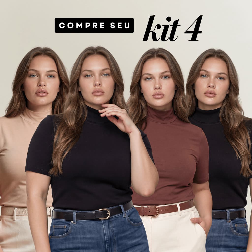 Kit 4 Blusas Feminina T-Shirt Gola Alta Manga Curta Básica