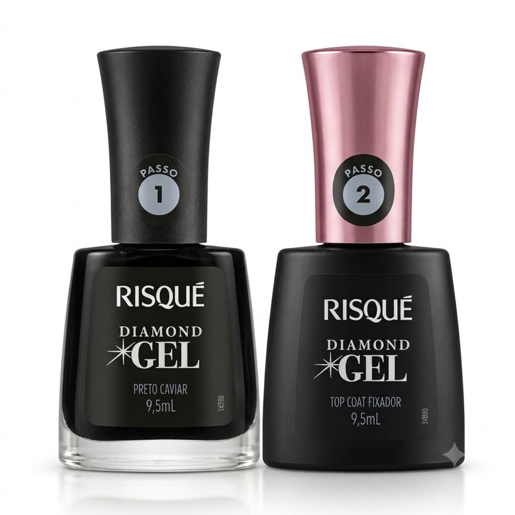 Kit 2 Esmaltes Risque Diamond Gel Preto Caviar E Top Coat