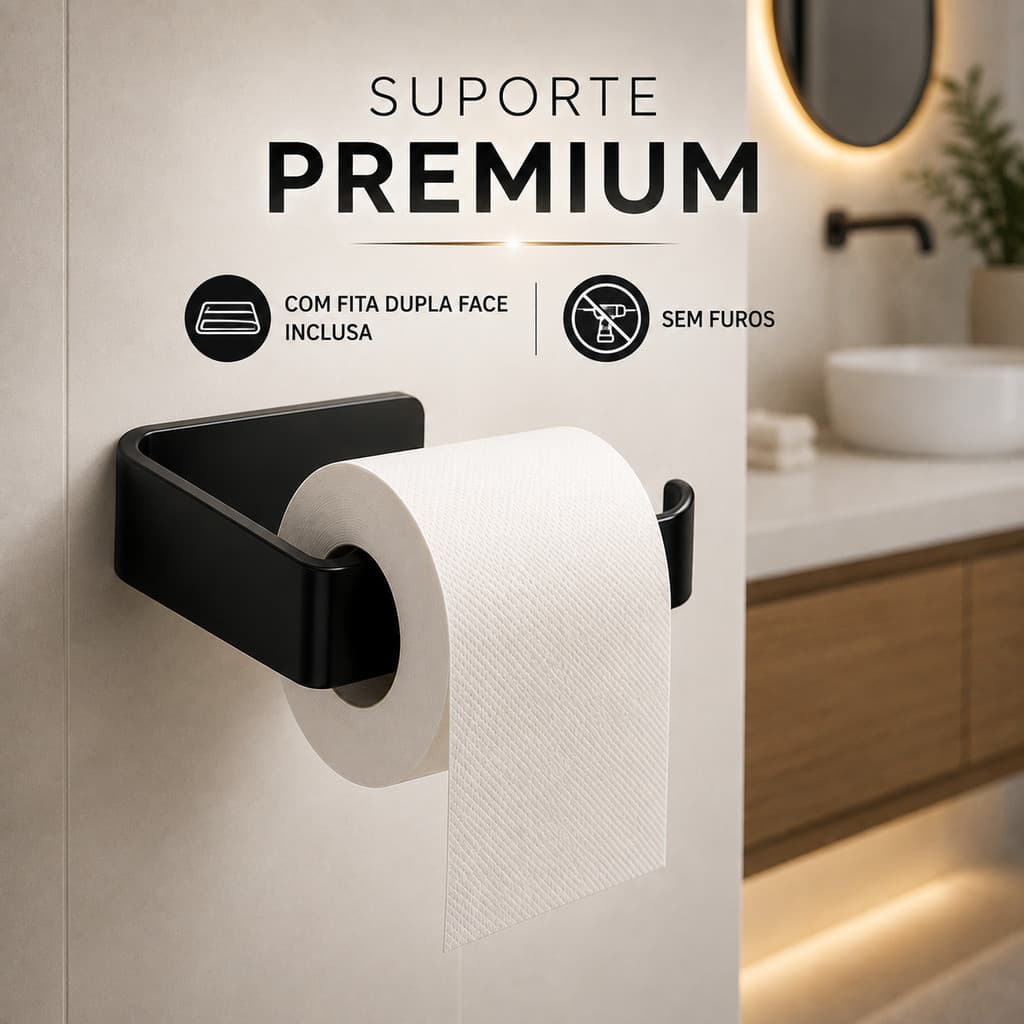 Suporte Porta Papel Higiênico Adesivo Fita 3M Sem Furos Premium Preto Banheiro