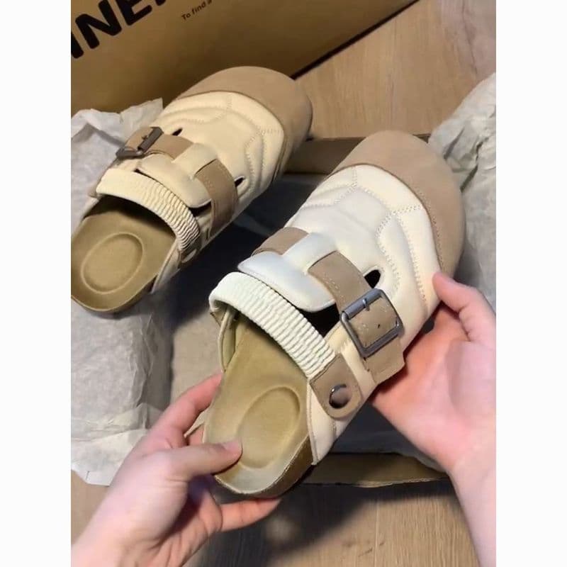 Sapatos de sola grossa de duas peças Puff feminino verão 2026 novo estilo sandálias de um Pedal Baotou meia chinelos san