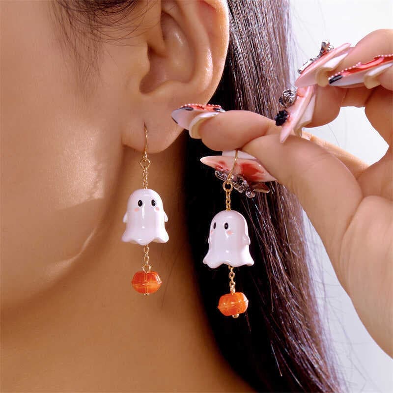 Brincos engraçados e fofos de abóbora fantasma, brincos pendurados, brincos fantasmas de Halloween