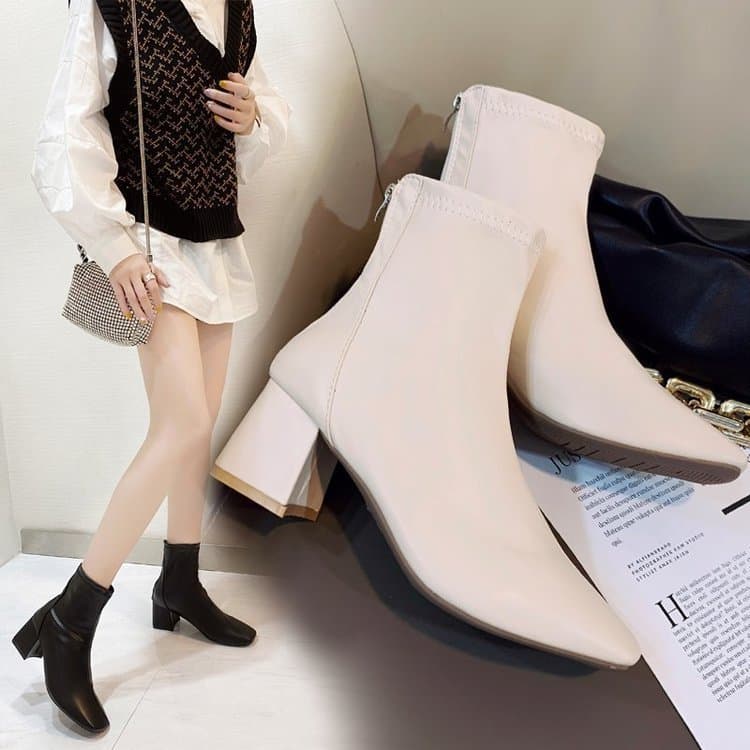 Botas Martin estilo britânico femininas, botas únicas de outono, bico quadrado, salto grosso, influenciador, salto alto