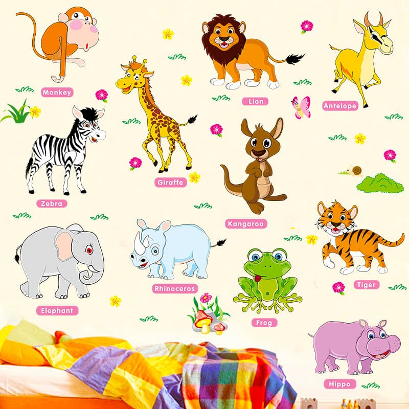 Bonito Animal inglês Anime adesivos de parede dos desenhos animados quarto das crianças do bebê jardim de infância Layou
