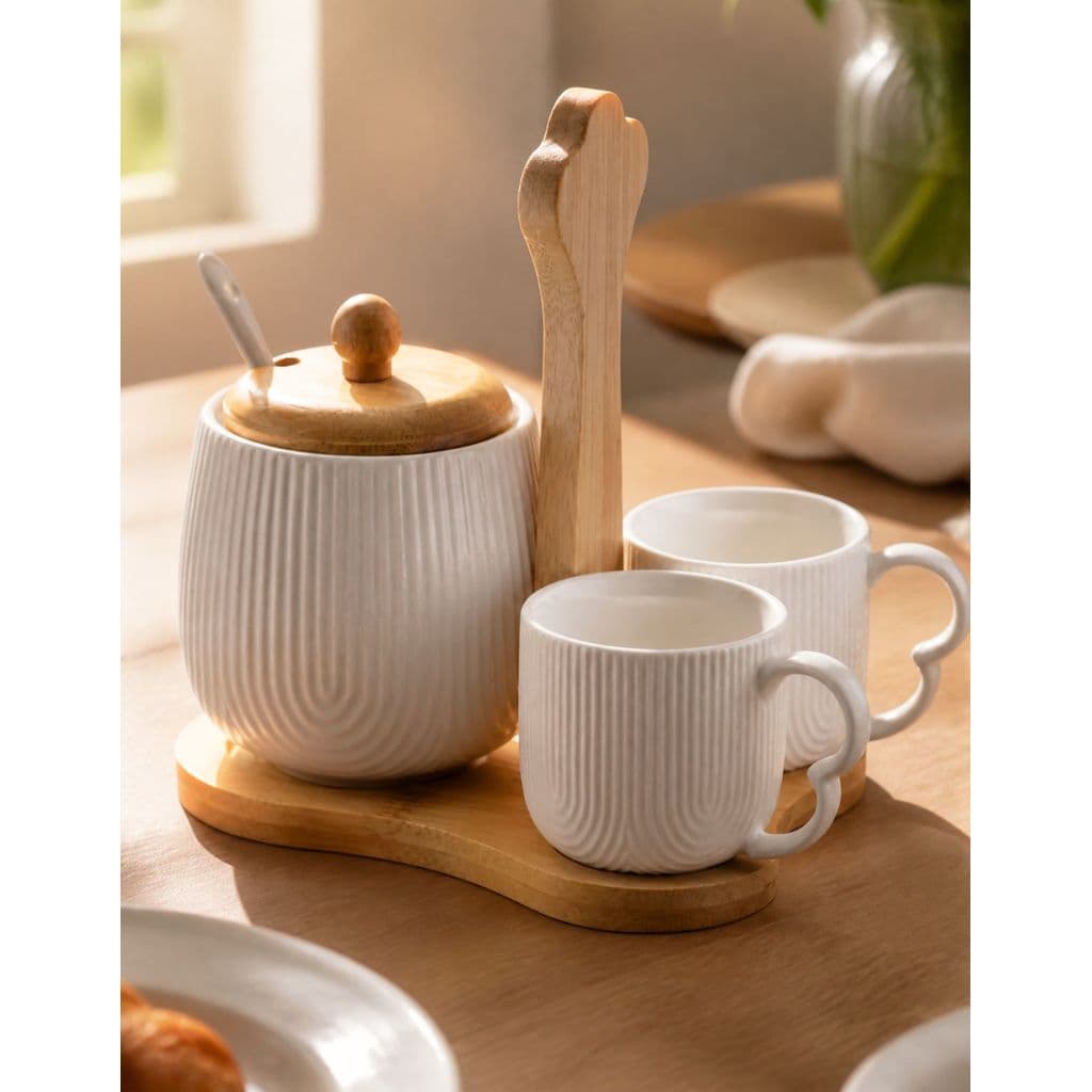 Jogo de Xícaras Café Cerâmica Suporte de Bambu Açucareiro com Colher Conjunto Mesa Posta Moderno