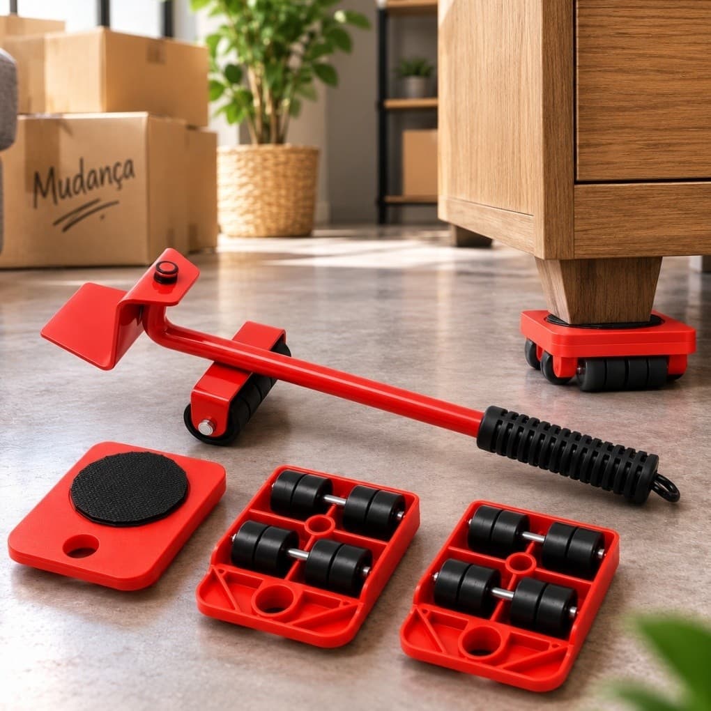 Kit 5 Peças para Mover Móveis | Elevador de Móveis com Alavanca | Rodízios para Sofá Armário Geladeira até 150kg