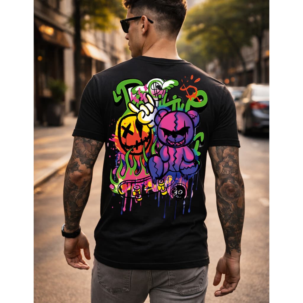 Camiseta Camisa Masculina Estampa Boneco Spray Desenho Colorido Frente e Costa Algodão Malha Premium