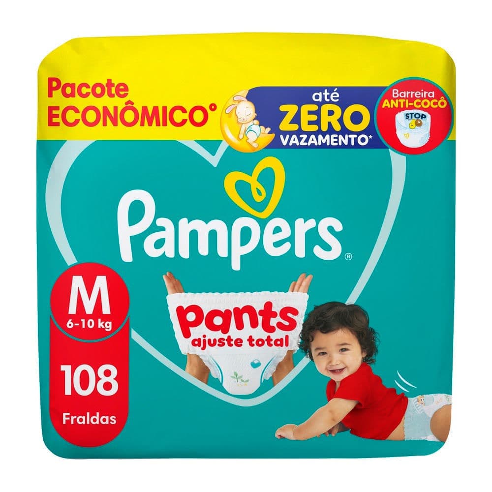 Fralda Pampers Pants Ajuste Total Tamanho M com 108 Unidades Descartáveis Pacote Econômico