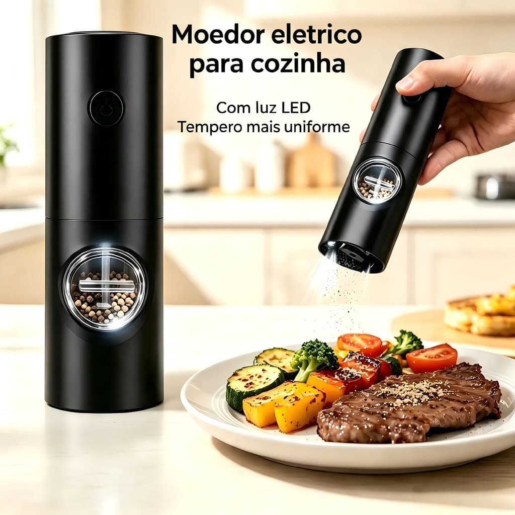 Moedor Elétrico de Sal e Pimenta com LED｜Granulagem Ajustável｜Ideal para Cozinha
