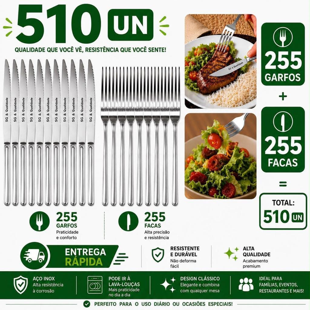 Jogo 510 Talheres 255Garfos 255 Facas Faqueiro de Mesa Restaurantes Pousada Cozinha Mesa Posta Refeiçao
