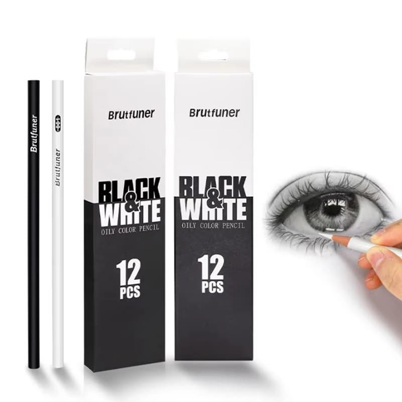12Pc Branco & Preto Lápis De Cor Profissional Óleo Desenho Conjunto Esboço Escola Estudante Arte Suprimentos